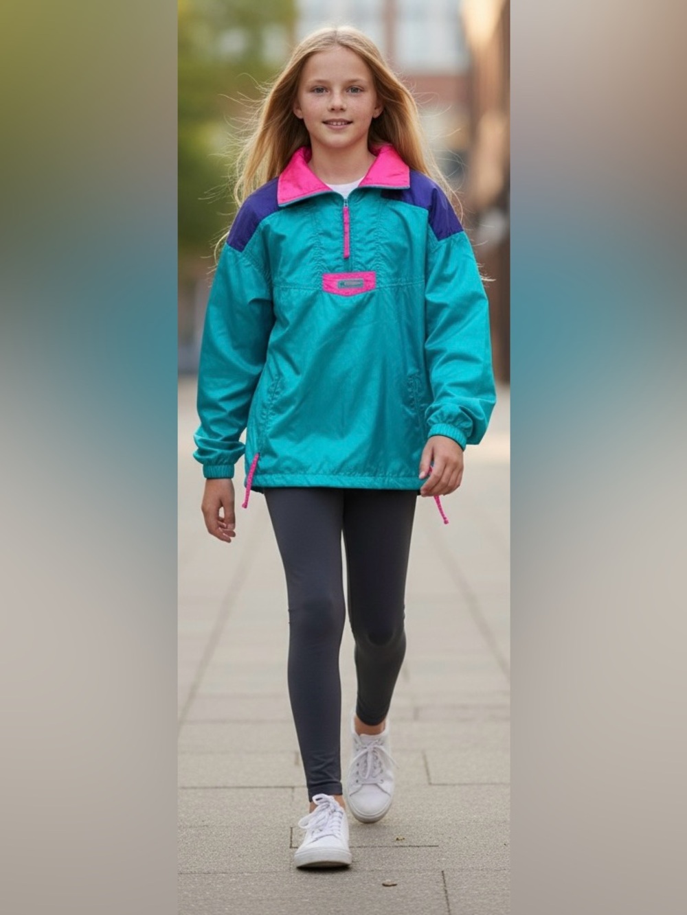 Columbia Teal and Pink Pullover Windbreaker Jacket